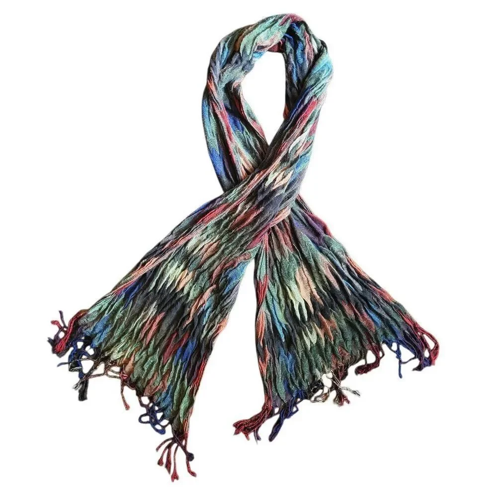 Suantrai Ireland Scarf Wide Colorful Multicolor ZigZag Lightweight Wool Fringe